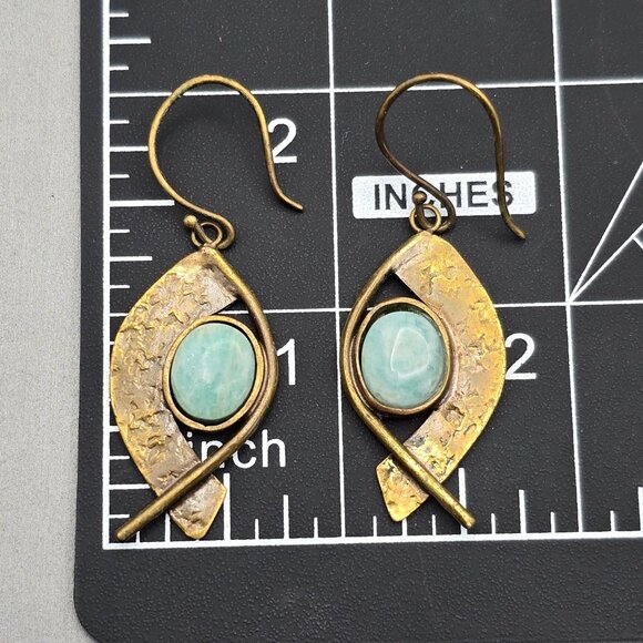 VTG Egyptian Revival Brass & Amazonite Dangle Earrings 2" Shepards Hook - Picture 5 of 8